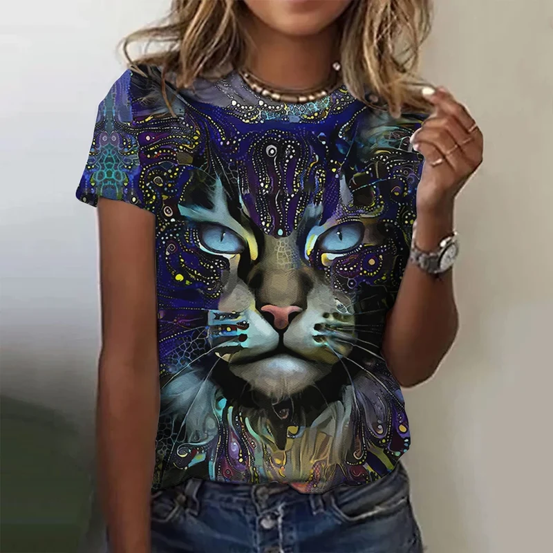 Damen Sommer Top 3D Katzen T-Shirt Rundhals Streetwear lockeres Damentop Bluse