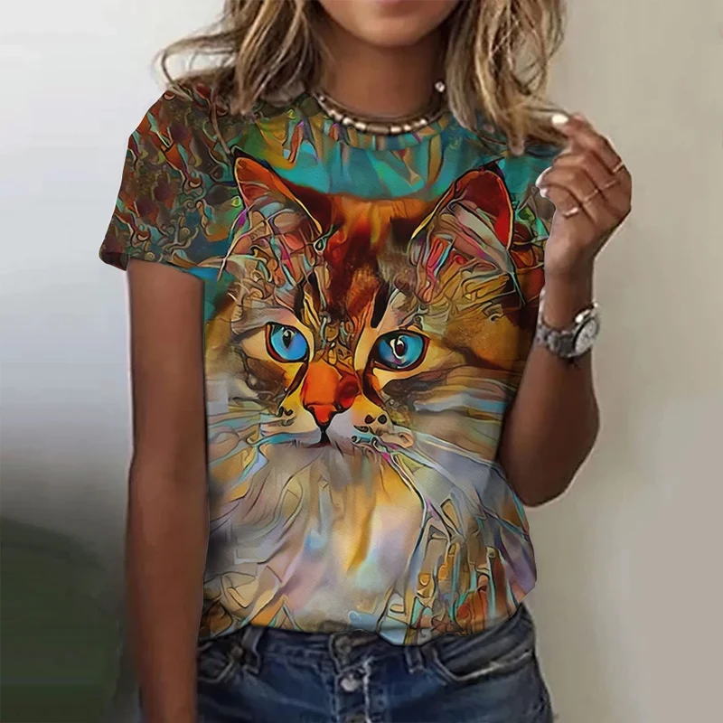 Damen Sommer Top 3D Katzen T-Shirt Rundhals Streetwear lockeres Damentop Bluse