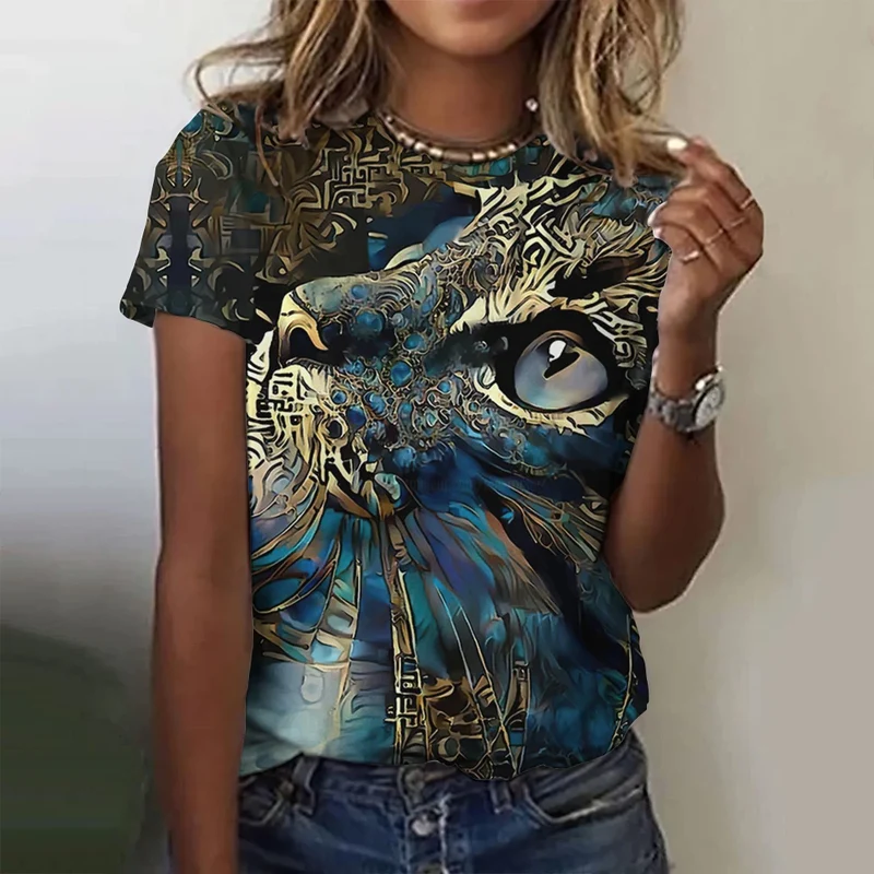 Damen Sommer Top 3D Katzen T-Shirt Rundhals Streetwear lockeres Damentop Bluse