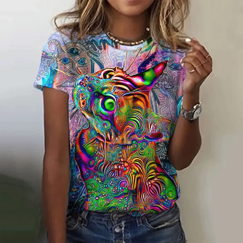 Damen Sommer Top 3D Katzen T-Shirt Rundhals Streetwear lockeres Damentop Bluse