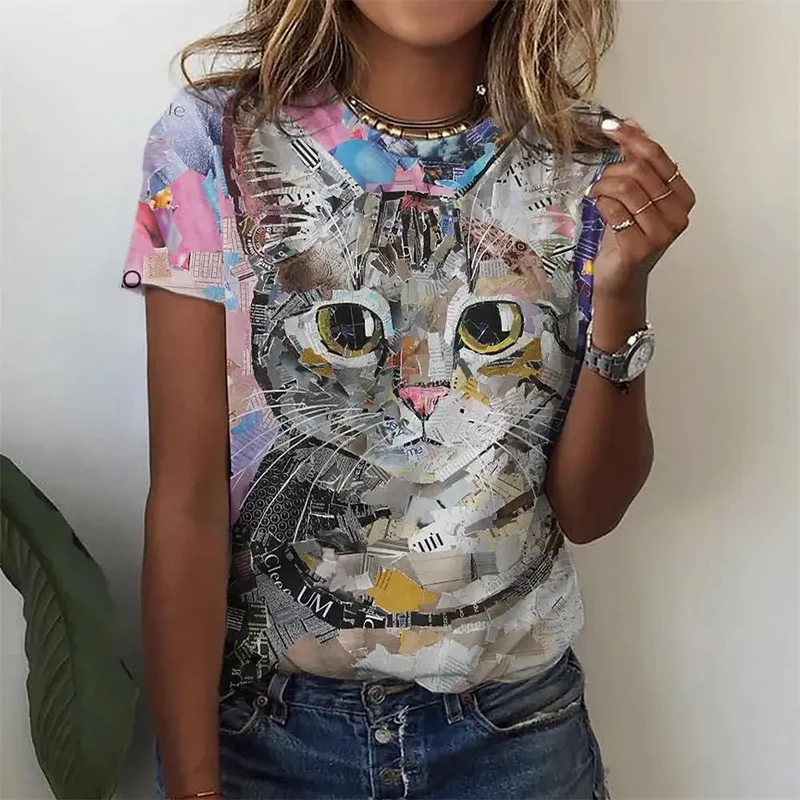 Damen Sommer Top 3D Katzen T-Shirt Rundhals Streetwear lockeres Damentop Bluse