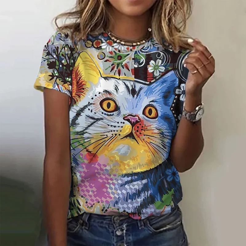 Damen Sommer Top 3D Katzen T-Shirt Rundhals Streetwear lockeres Damentop Bluse