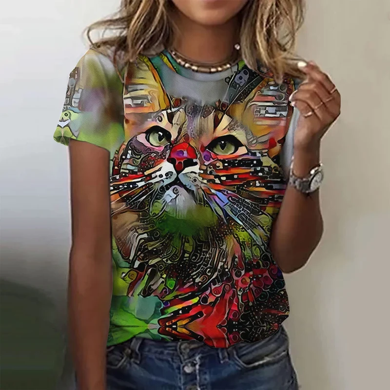 Damen Sommer Top 3D Katzen T-Shirt Rundhals Streetwear lockeres Damentop Bluse