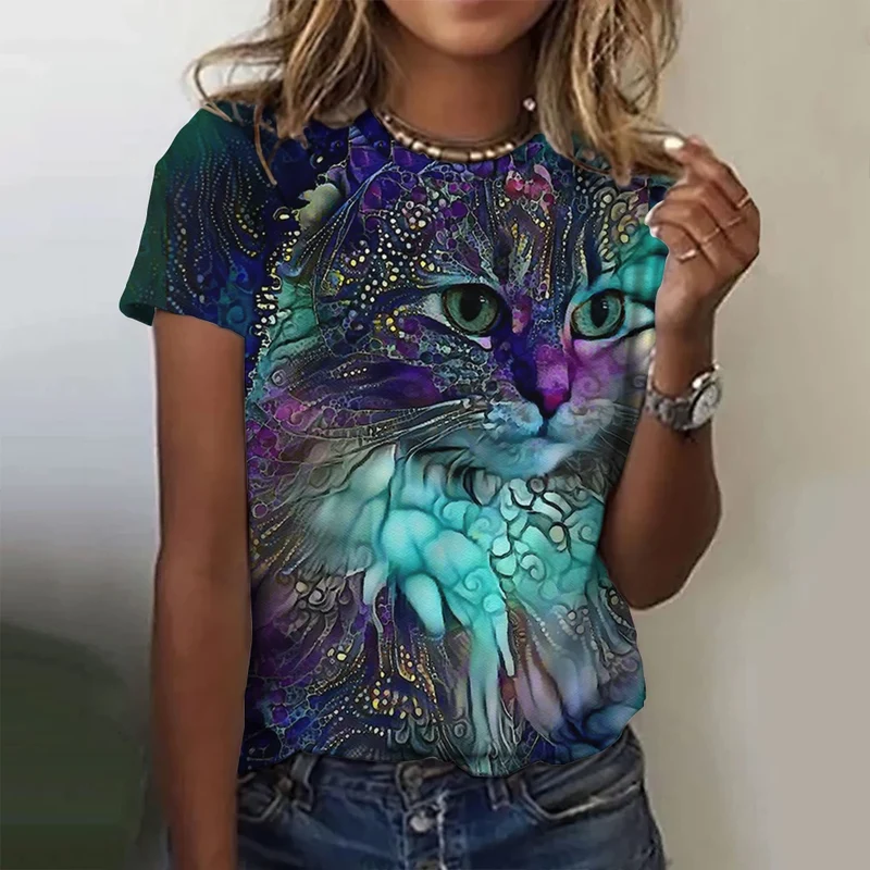 Damen Sommer Top 3D Katzen T-Shirt Rundhals Streetwear lockeres Damentop Bluse