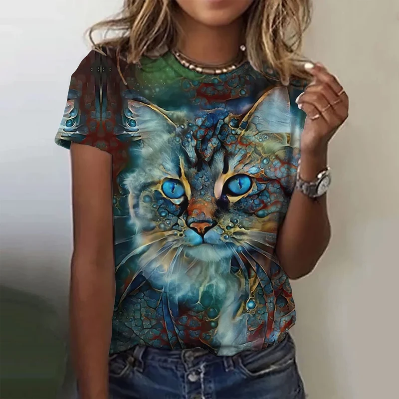 Damen Sommer Top 3D Katzen T-Shirt Rundhals Streetwear lockeres Damentop Bluse