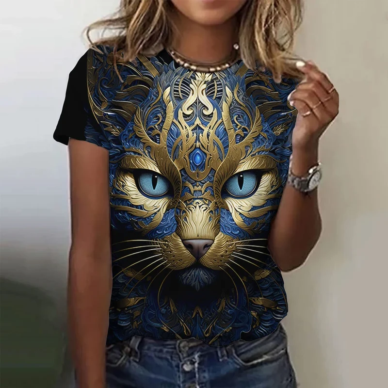 Damen Sommer Top 3D Katzen T-Shirt Rundhals Streetwear lockeres Damentop Bluse