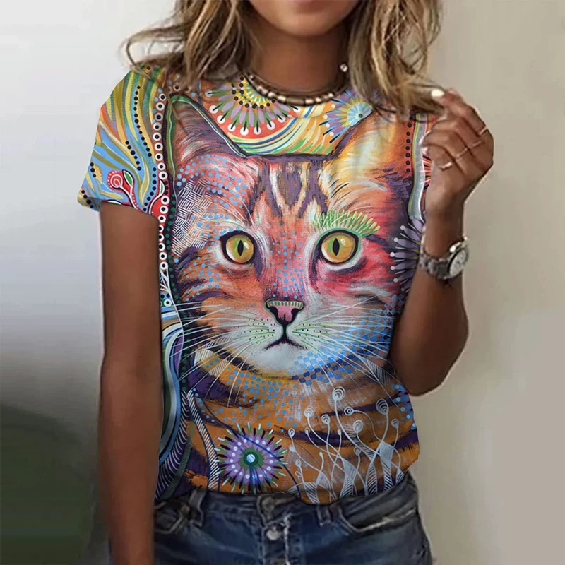 Damen Sommer Top 3D Katzen T-Shirt Rundhals Streetwear lockeres Damentop Bluse