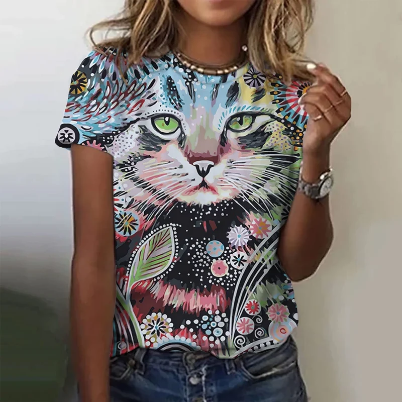 Damen Sommer Top 3D Katzen T-Shirt Rundhals Streetwear lockeres Damentop Bluse