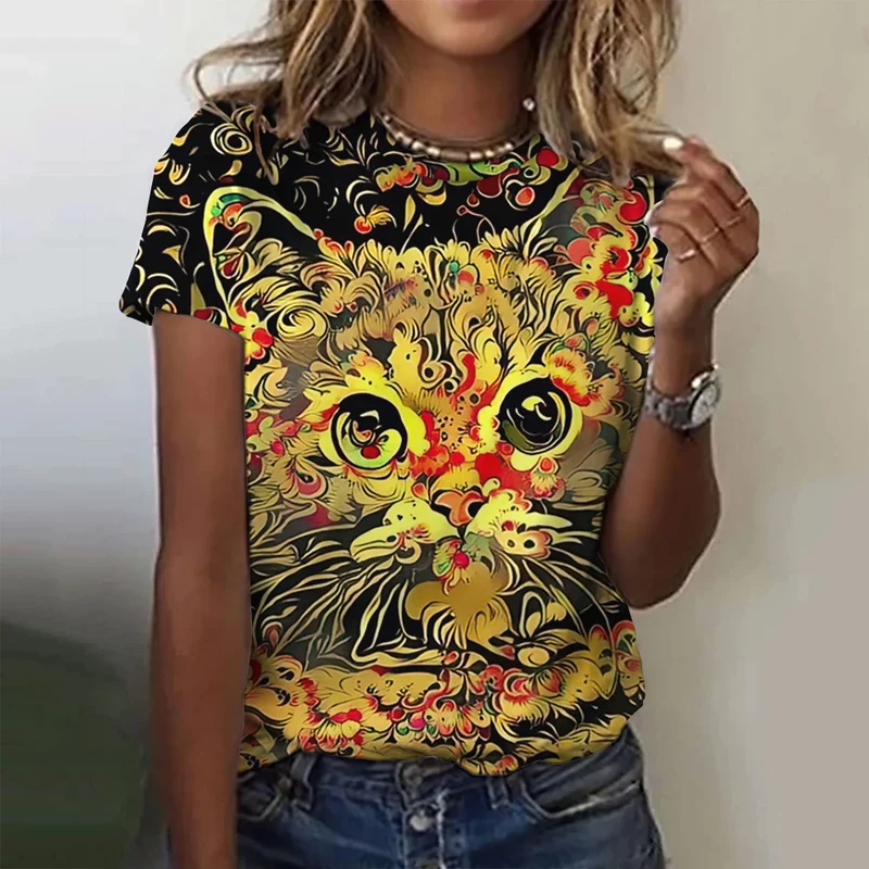 Damen Sommer Top 3D Katzen T-Shirt Rundhals Streetwear lockeres Damentop Bluse