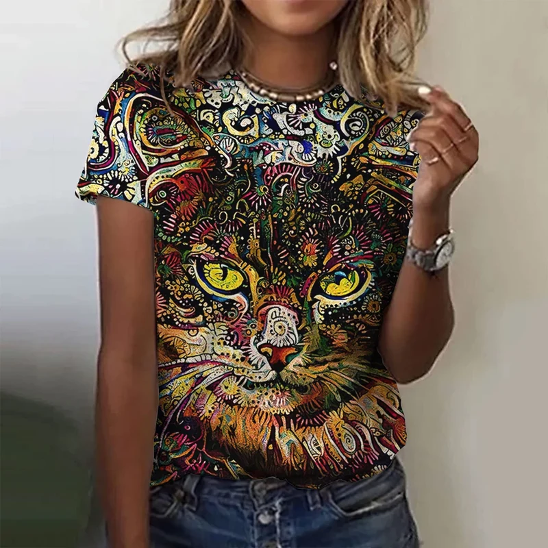 Damen Sommer Top 3D Katzen T-Shirt Rundhals Streetwear lockeres Damentop Bluse