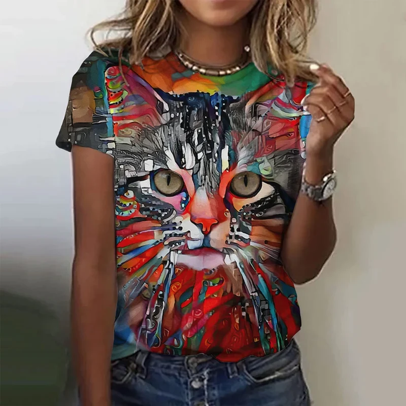 Damen Sommer Top 3D Katzen T-Shirt Rundhals Streetwear lockeres Damentop Bluse
