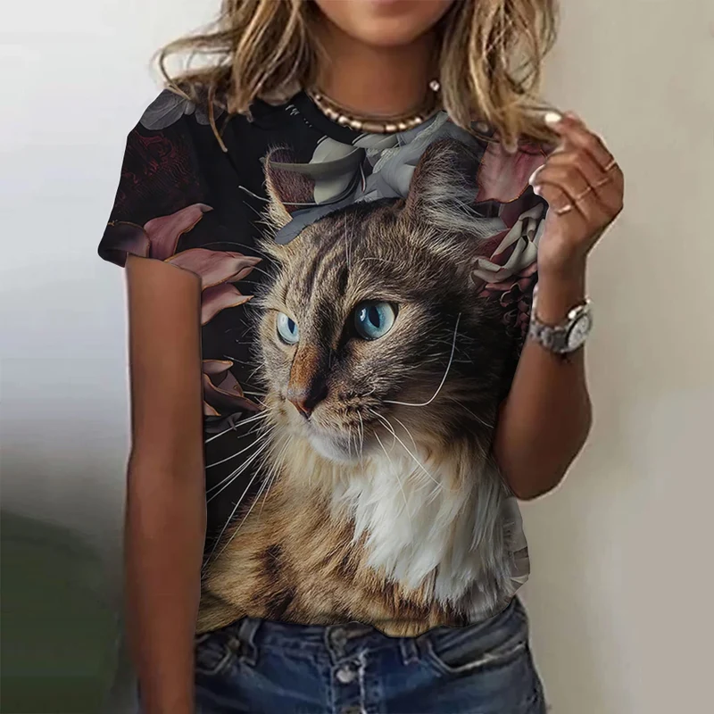 Damen Sommer Top 3D Katzen T-Shirt Rundhals Streetwear lockeres Damentop Bluse