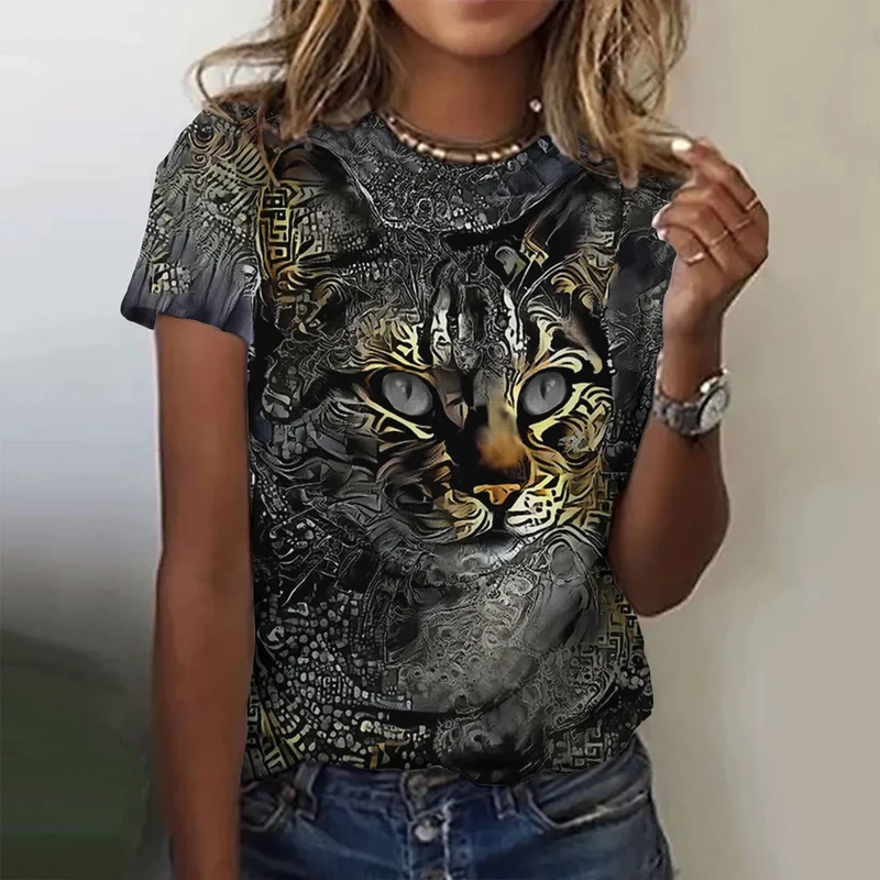 Damen Sommer Top 3D Katzen T-Shirt Rundhals Streetwear lockeres Damentop Bluse