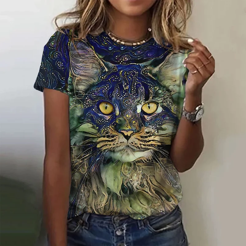 Damen Sommer Top 3D Katzen T-Shirt Rundhals Streetwear lockeres Damentop Bluse