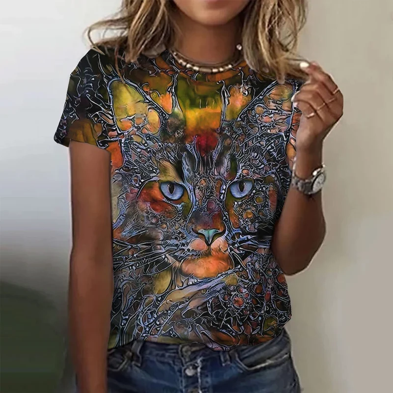 Damen Sommer Top 3D Katzen T-Shirt Rundhals Streetwear lockeres Damentop Bluse