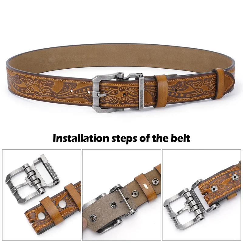 Jeans-Gürtel Herren Eckig Schnalle Echt Leder Gürtel Braun Breite Schnalle
