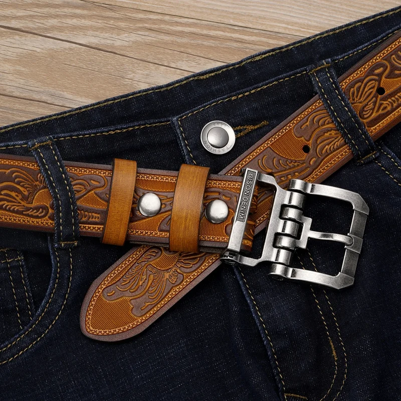 Jeans-Gürtel Herren Eckig Schnalle Echt Leder Gürtel Braun Breite Schnalle