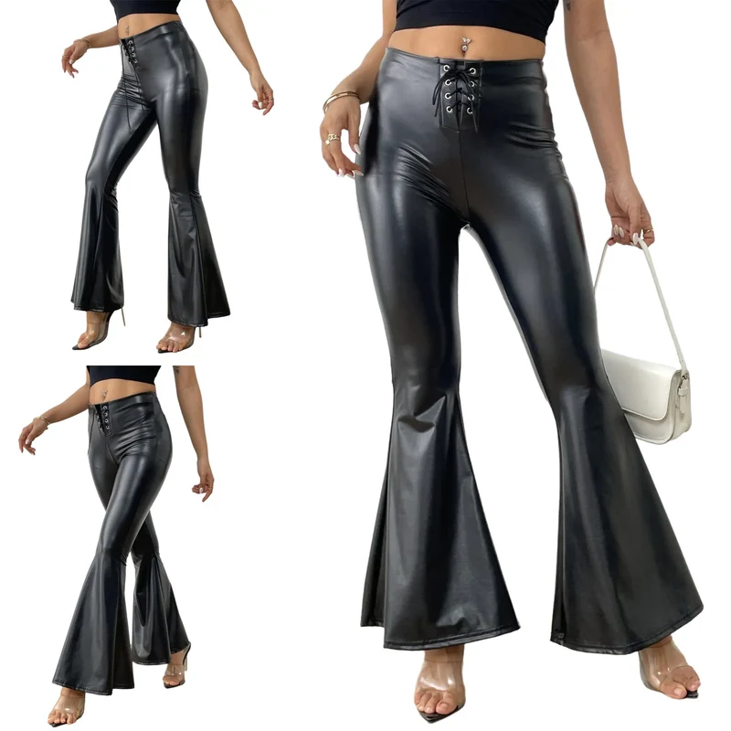 Sexy Damen Fashion Hose Gothic Punk glänzende PU Lederhose Schlaghose Latex