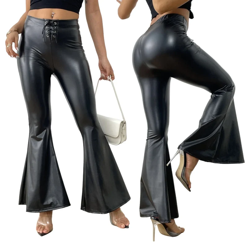 Sexy Damen Fashion Hose Gothic Punk glänzende PU Lederhose Schlaghose Latex