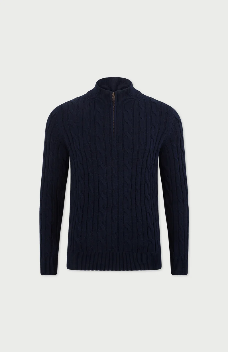 Mens Midweight Cotton Cable Zip Neck Jumper