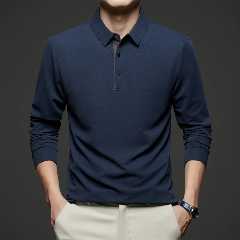 Neues Herren-Poloshirt, Business-Casual, langärmelig, einfarbig, modisch, warm, bequem, vielseitiges Oberteil für vier Jahreszeiten