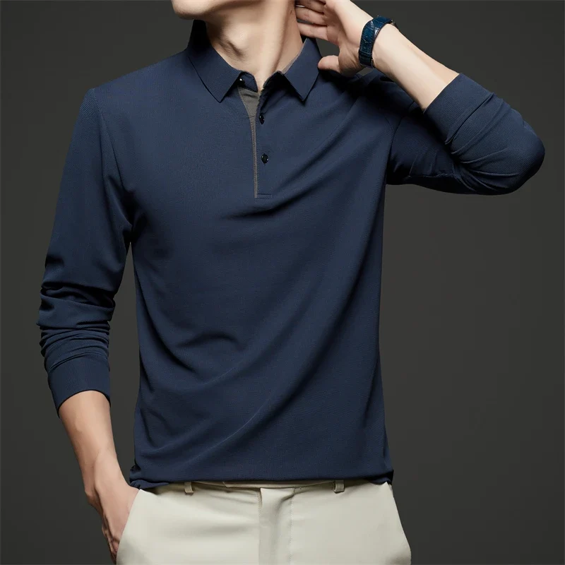 Neues Herren-Poloshirt, Business-Casual, langärmelig, einfarbig, modisch, warm, bequem, vielseitiges Oberteil für vier Jahreszeiten