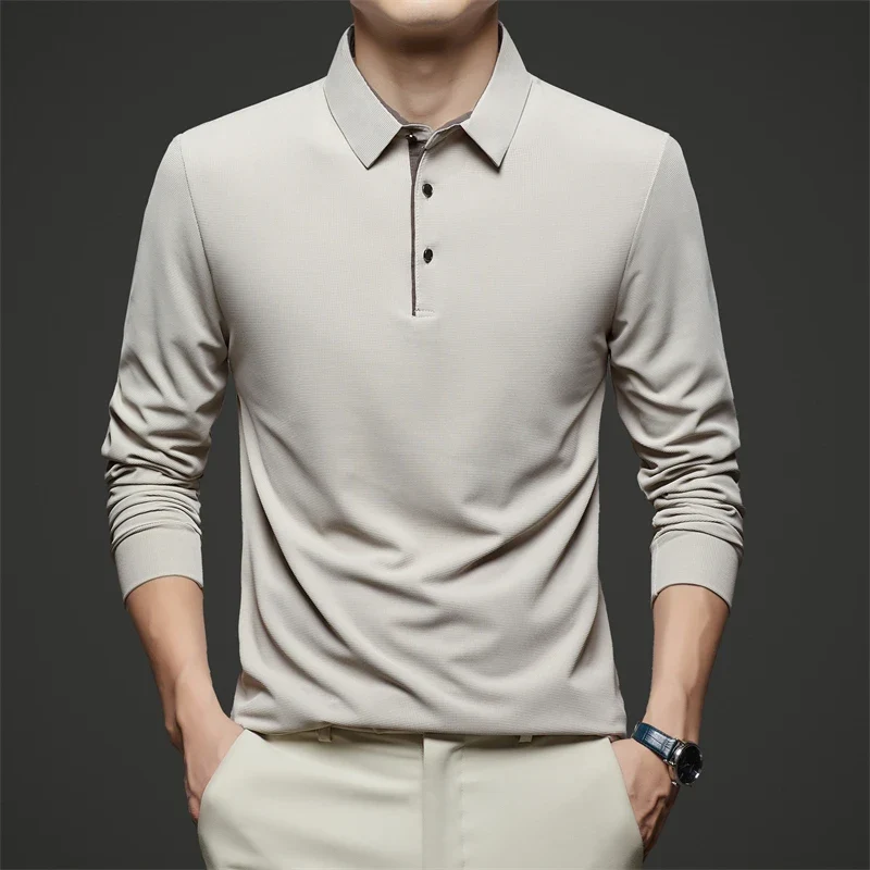 Neues Herren-Poloshirt, Business-Casual, langärmelig, einfarbig, modisch, warm, bequem, vielseitiges Oberteil für vier Jahreszeiten
