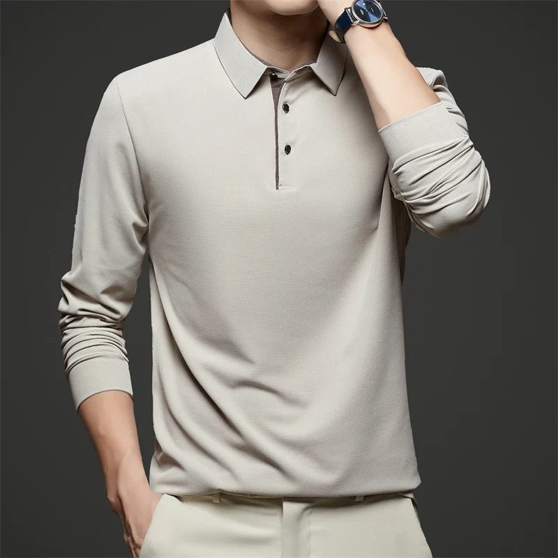 Neues Herren-Poloshirt, Business-Casual, langärmelig, einfarbig, modisch, warm, bequem, vielseitiges Oberteil für vier Jahreszeiten