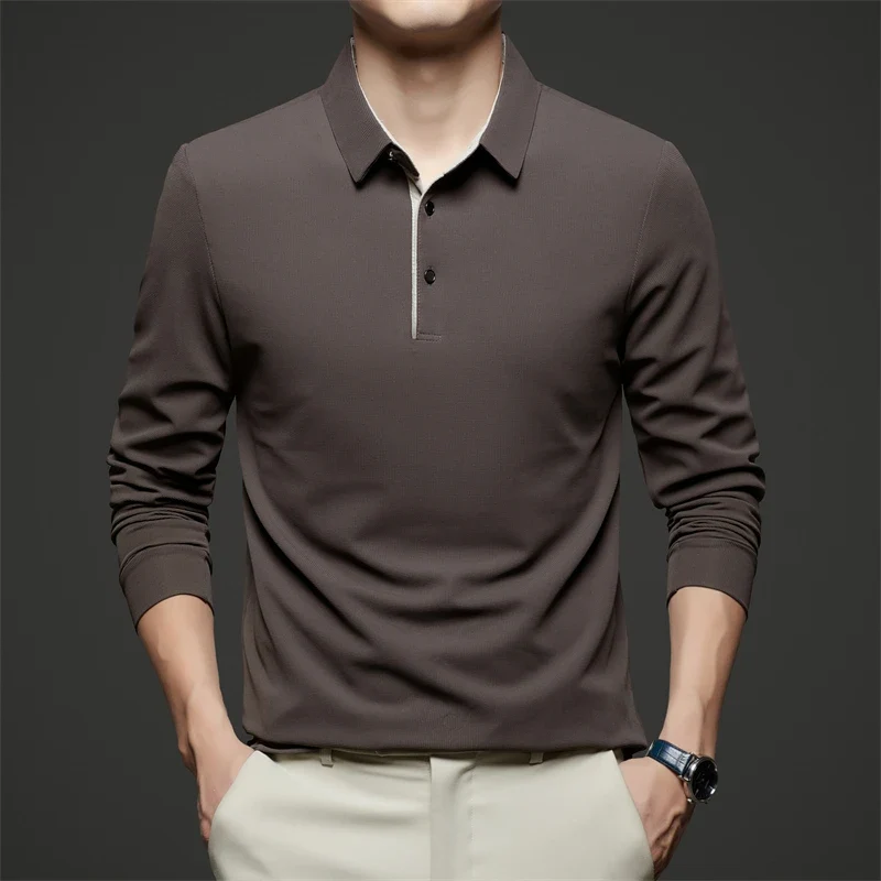Neues Herren-Poloshirt, Business-Casual, langärmelig, einfarbig, modisch, warm, bequem, vielseitiges Oberteil für vier Jahreszeiten