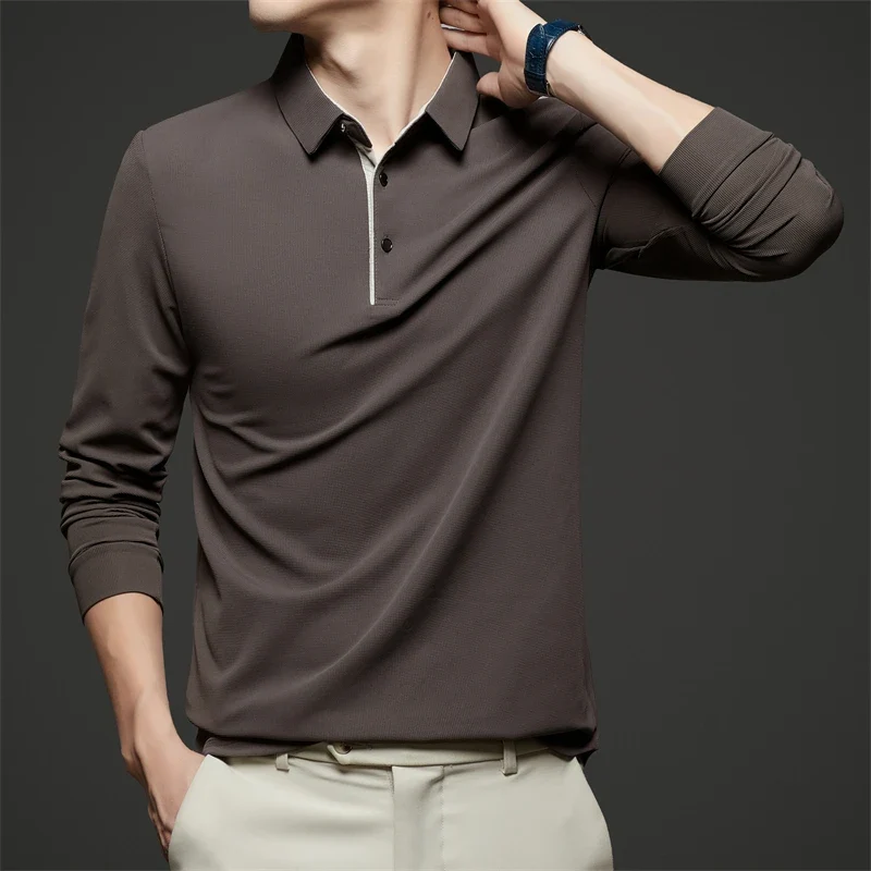 Neues Herren-Poloshirt, Business-Casual, langärmelig, einfarbig, modisch, warm, bequem, vielseitiges Oberteil für vier Jahreszeiten