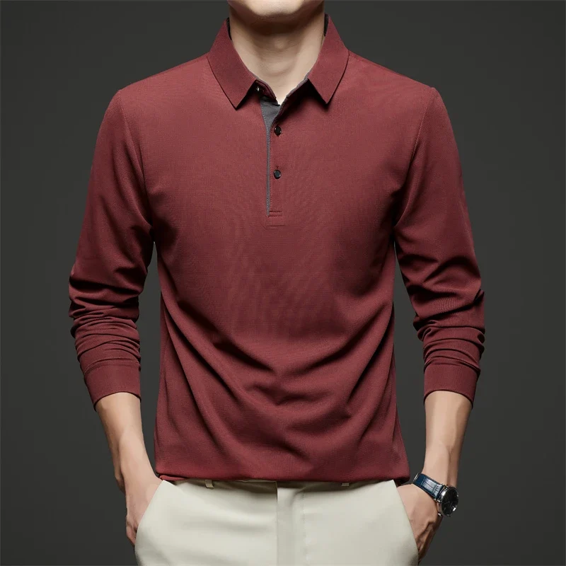 Neues Herren-Poloshirt, Business-Casual, langärmelig, einfarbig, modisch, warm, bequem, vielseitiges Oberteil für vier Jahreszeiten