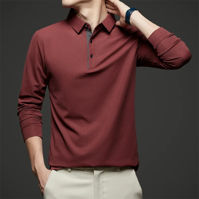 Neues Herren-Poloshirt, Business-Casual, langärmelig, einfarbig, modisch, warm, bequem, vielseitiges Oberteil für vier Jahreszeiten