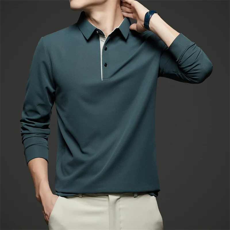 Neues Herren-Poloshirt, Business-Casual, langärmelig, einfarbig, modisch, warm, bequem, vielseitiges Oberteil für vier Jahreszeiten
