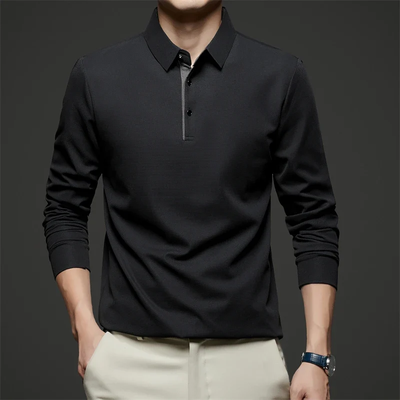 Neues Herren-Poloshirt, Business-Casual, langärmelig, einfarbig, modisch, warm, bequem, vielseitiges Oberteil für vier Jahreszeiten