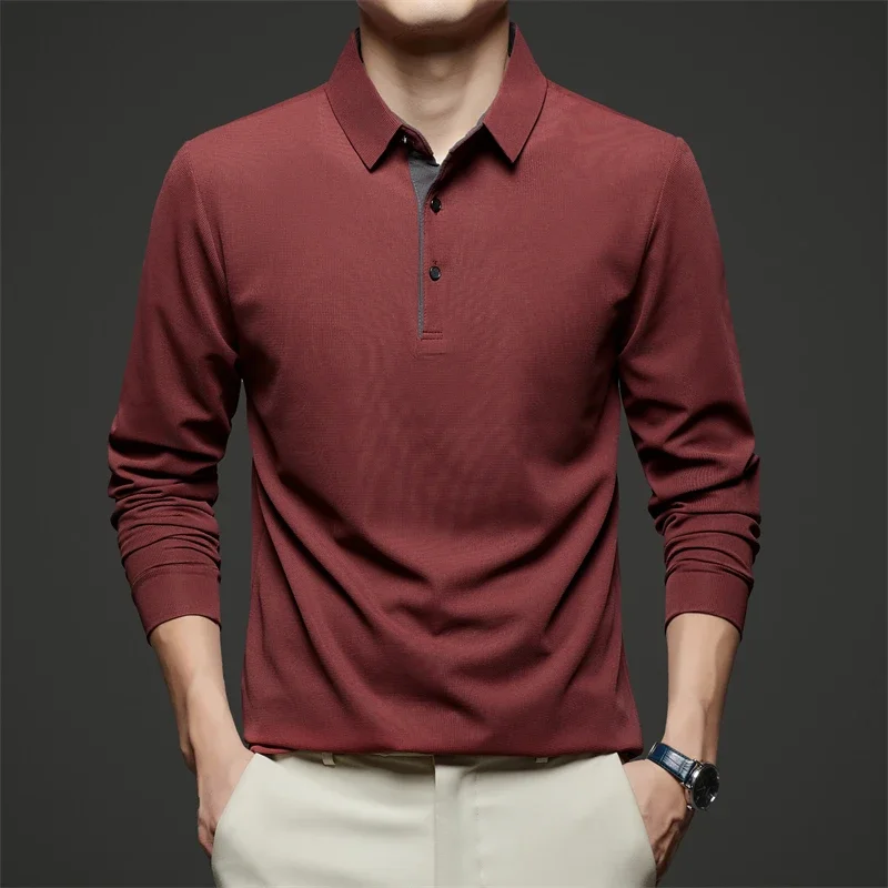 Neues Herren-Poloshirt, Business-Casual, langärmelig, einfarbig, modisch, warm, bequem, vielseitiges Oberteil für vier Jahreszeiten