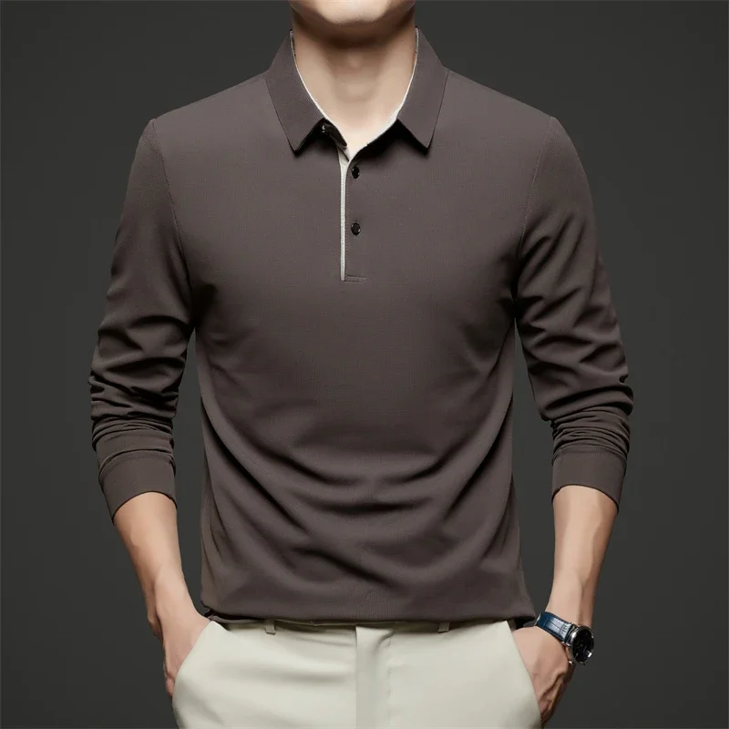 Neues Herren-Poloshirt, Business-Casual, langärmelig, einfarbig, modisch, warm, bequem, vielseitiges Oberteil für vier Jahreszeiten