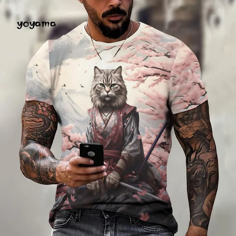 Japanische Samurai Katze Muster männer T-Shirt 3D Spaß Druck Kurzarm Sommer T-Shirt Harajuku Tops männer Straße Casual kleidung