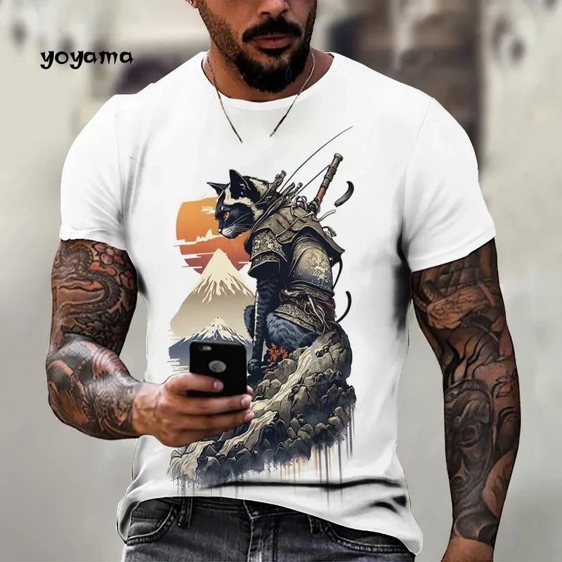 Japanische Samurai Katze Muster männer T-Shirt 3D Spaß Druck Kurzarm Sommer T-Shirt Harajuku Tops männer Straße Casual kleidung