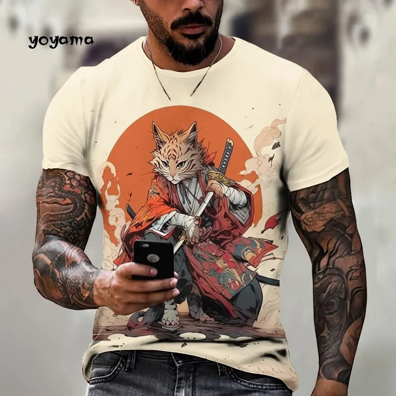 Japanische Samurai Katze Muster männer T-Shirt 3D Spaß Druck Kurzarm Sommer T-Shirt Harajuku Tops männer Straße Casual kleidung