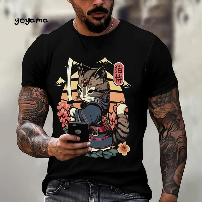 Japanische Samurai Katze Muster männer T-Shirt 3D Spaß Druck Kurzarm Sommer T-Shirt Harajuku Tops männer Straße Casual kleidung
