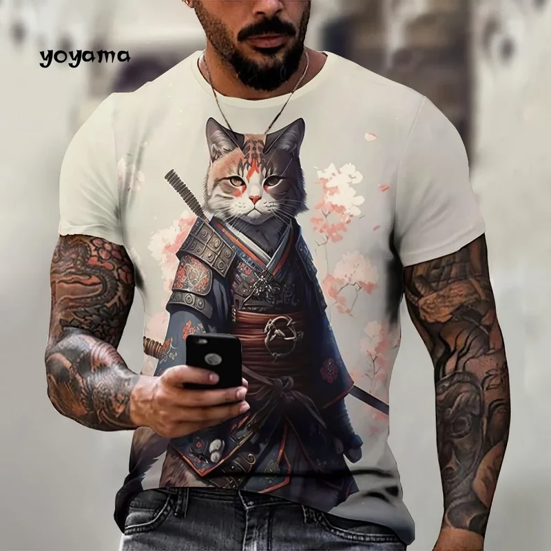 Japanische Samurai Katze Muster männer T-Shirt 3D Spaß Druck Kurzarm Sommer T-Shirt Harajuku Tops männer Straße Casual kleidung