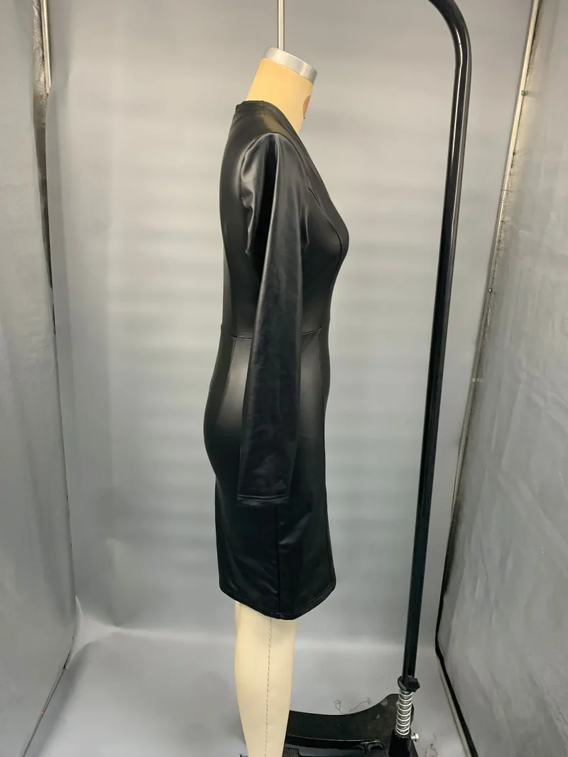 Damen Kleid PU Leder Partykleid Cocktail Abendkleid Sexy Clubwear Minikleid
