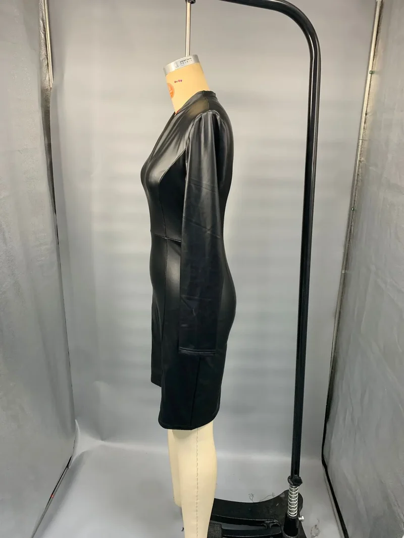 Damen Kleid PU Leder Partykleid Cocktail Abendkleid Sexy Clubwear Minikleid