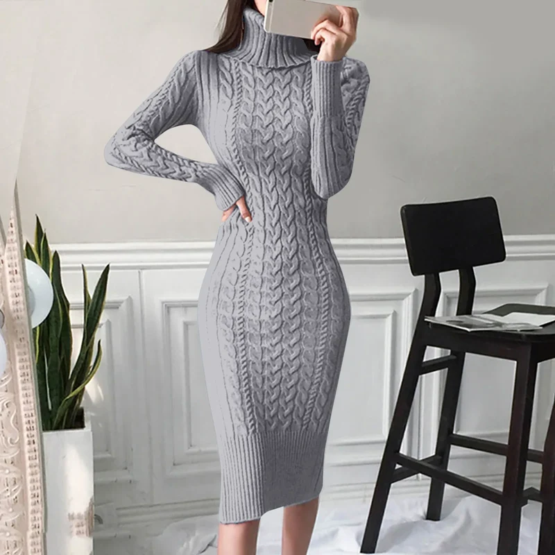 Damen Wollkleid Rollkragen Stiefelkleid Herbstkleid Winterkleid Strickkleid Long