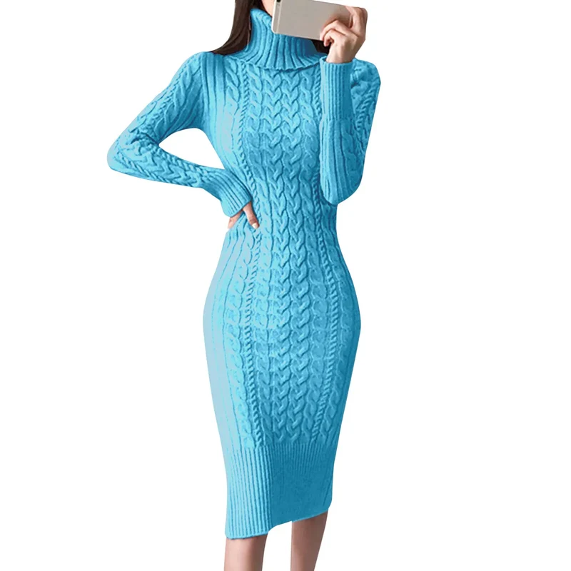 Damen Wollkleid Rollkragen Stiefelkleid Herbstkleid Winterkleid Strickkleid Long
