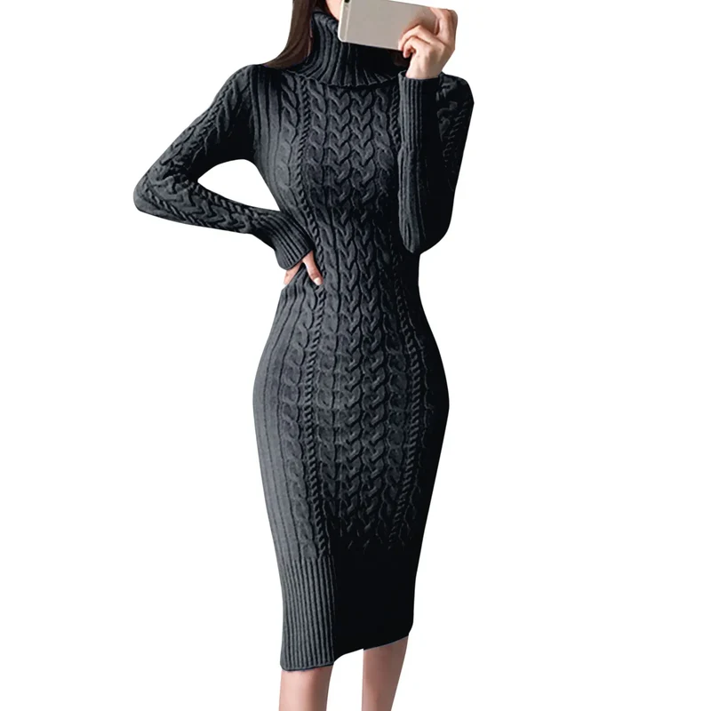 Damen Wollkleid Rollkragen Stiefelkleid Herbstkleid Winterkleid Strickkleid Long