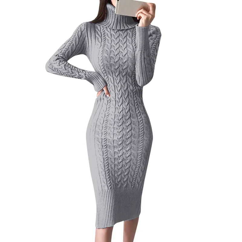 Damen Wollkleid Rollkragen Stiefelkleid Herbstkleid Winterkleid Strickkleid Long
