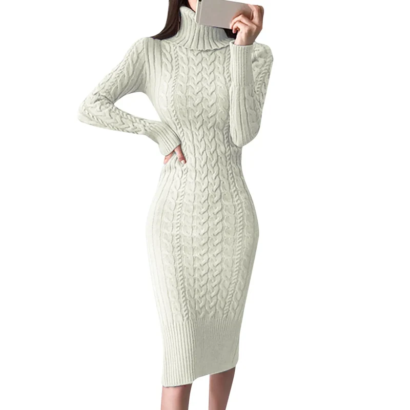 Damen Wollkleid Rollkragen Stiefelkleid Herbstkleid Winterkleid Strickkleid Long