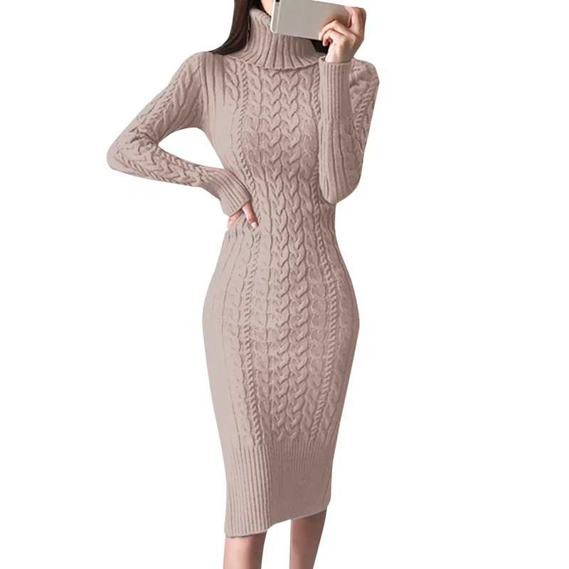 Damen Wollkleid Rollkragen Stiefelkleid Herbstkleid Winterkleid Strickkleid Long