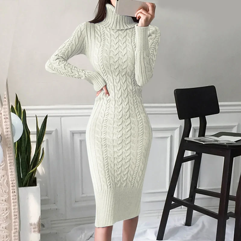 Damen Wollkleid Rollkragen Stiefelkleid Herbstkleid Winterkleid Strickkleid Long